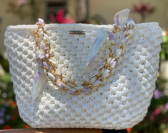 Handmade Crochet Bag,Luxury Crochet Bag, Beach Bag, Women's Bag, Special Occasion Purse, Metallic White Handbag, Summer Bag, Stylish Bag.