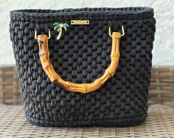 Black Crochet Tote Bag with Bamboo Handle | Handmade Cotton Bag | Summer Beach Bag | Boho Chic Handbag | Gift for Her