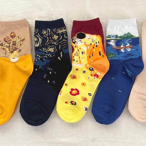 PEINTURE D'ART, Chaussettes de peinture célèbre, ENSEMBLE, Chaussettes en coton pour femmes, Chaussettes amusantes, Chaussettes uniques, 6 couleurs