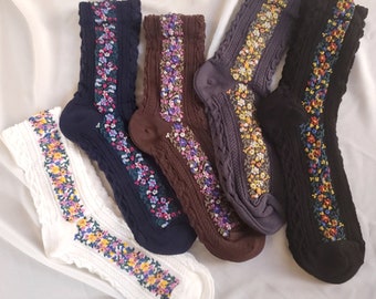 Floral Socks, Twiddle Flower, Casual Socks, Women's Cotton Socks, Flower socks, 5 Colours SET available, Fashion Socks, Winter Socks