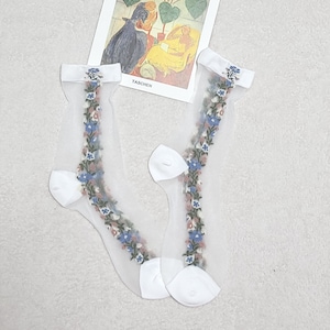 May include: A pair of white sheer socks with a floral embroidery design in shades of blue, pink, and green. The socks have a delicate lace trim at the top.
