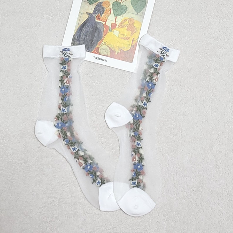 May include: A pair of white sheer socks with a floral embroidery design in shades of blue, pink, and green. The socks have a delicate lace trim at the top.