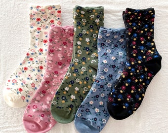 Calcetines con estampado floral, Calcetines de mujer, Calcetines de flores, Calcetines de algodón, Calcetines de moda, 5 colores