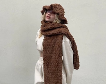 Brown Knitted Hat And Scarf Set | Made By Fluffy And Warm Rope | Handmade Long, Cozy Scarf And Hat