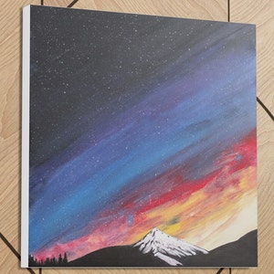 Canvas Print of my Homemade Art Painting of a Star filled Sky at Sunset over a Snow-Capped Mountain. 16&quot;X16&quot;