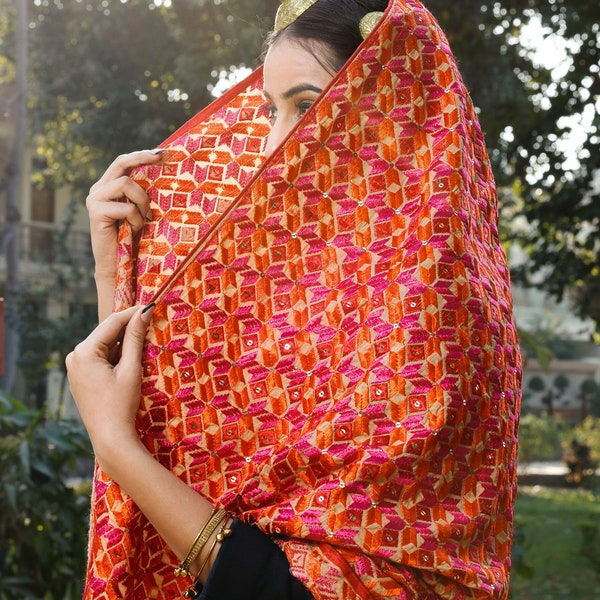 Orange-Pink Mirror-Embellished Phulkari Bagh Dupatta | Gift For Her
