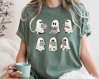 Halloween Comfort Colors Retro Ghosts Reading Books Teacher Librarian Halloween Gift Spooky Season Trendy Shirt Gift Halloween Book Lover