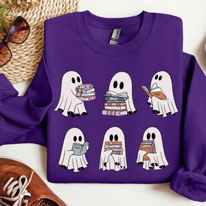 Halloween Sweatshirt Retro Ghosts Reading Books Teacher Librarian Halloween Gift Spooky Season Trendy Shirt Gift Halloween Book Lover Ghost