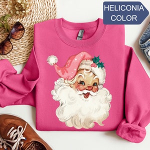 Pink Santa Retro Christmas T-Shirts Sweatshirts for Women Pink Christmas Matching Family Sweaters Pink Vintage Holiday Crewneck Group Party