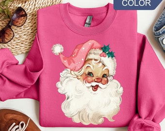 Pink Santa Retro Christmas T-Shirts Sweatshirts for Women Pink Christmas Matching Family Sweaters Pink Vintage Holiday Crewneck Group Party