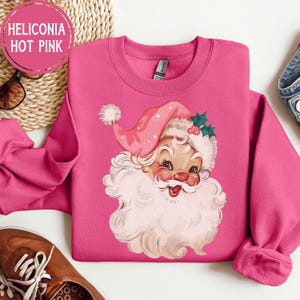 Pink Santa Retro Christmas T-Shirts Sweatshirts for Women Pink Christmas Matching Family Sweaters Pink Vintage Holiday Crewneck Group Party