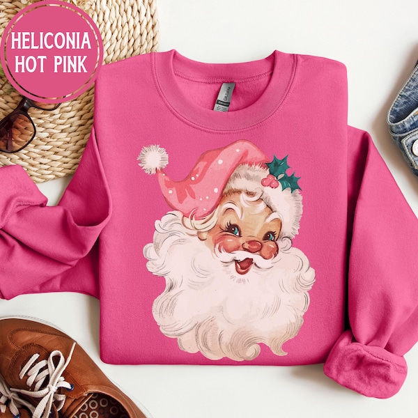 Camisetas navideñas retro de Papá Noel rosa, sudaderas para mujer, suéteres familiares a juego de Navidad rosa, cuello redondo navideño vintage rosa para fiestas grupales
