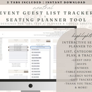 Digital event guest list tracker, digital event table seating planner, wedding planning, event planning, shower planning, google sheets