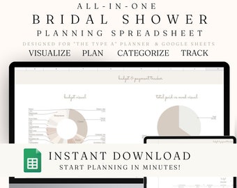 May include: A digital image of a computer screen displaying a spreadsheet for planning a bridal shower. The spreadsheet includes a budget visual, a total paid or owed visual, and a budget and payment tracker. The text "INSTANT DOWNLOAD START PLANNING IN MINUTES!" is displayed on a green button.