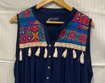 Cotton Navy Blue embroidered with tassels tunic top/T/size 52”/length 38”