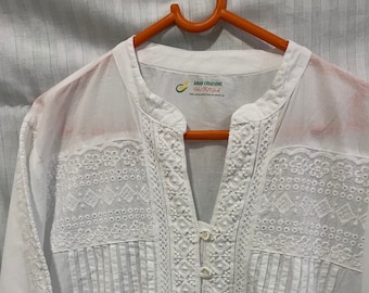 Pure cotton pleated laced embroidered White Tunic Top/T/size 48”/length 28”