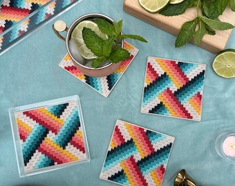 DIGITALE MUSTER: "Basketweave" Bargello Untersetzer - Bargello Plastic Canvas Nadelspitzen Handwerksmuster
