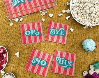 DIGITAL PATTERN: "OK Bye" Bargello Coasters - Bargello Plastic Canvas Needlepoint Craft Pattern
