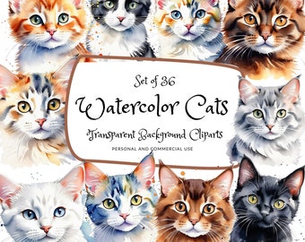 36 Clipart di gatti ad acquerello / Uso commerciale / ClipArt di gattini / Amante dei gatti / Stampe digitali / Clipart di animali domestici