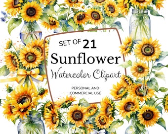 May include: A set of 21 watercolour sunflower clipart images. The sunflowers are in various stages of bloom and are arranged in bouquets in mason jars. The text "SET OF 21 SUNFLOWER Watercolour Clipart" is displayed in a brown frame. The text "PERSONAL AND COMMERCIAL USE" is displayed below the frame.