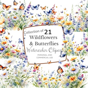 Wildblumen und Schmetterlinge Clipart | Schmetterling Png | Schmetterling mit Blumen |Instant Clipart | Blumen Png | Vektor-Grafik. | JPG Clipart