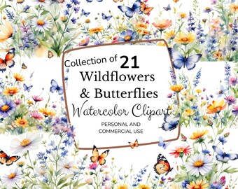 Wildflowers and Butterflies Clipart | Butterfly Png | Butterfly with Flowers |Instant Clipart | Flower Png | Vector Graphics. | Jpg Clipart