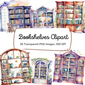 Bookshelf Clipart | Digital Download | Bookshelf Png | Commercial Use |  Library Clipart Bundle | Watercolor Clipart | Books Clipart