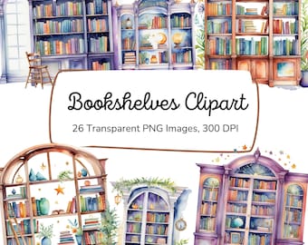 Bookshelf Clipart | Digital Download | Bookshelf Png | Commercial Use |  Library Clipart Bundle | Watercolor Clipart | Books Clipart
