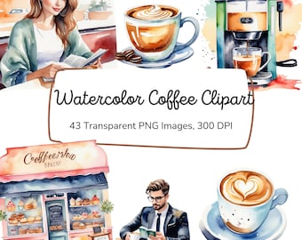 Coffee Lovers Watercolor Clipart | Instant Digital Download | Adorable Coffee Mugs | Watercolor Coffee Clipart | Coffee Shop