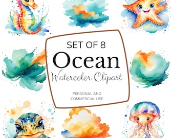 Watercolor Ocean Animals Nautical Clipart PNG Clip Art Graphics Instant Download for Commercial Use