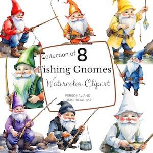 Watercolor Fishing Gnome Clipart | Rainbow Gnome Set | Sublimation Artwork | Bass Fishing Clipart | Card Making | Angler Clipart Png