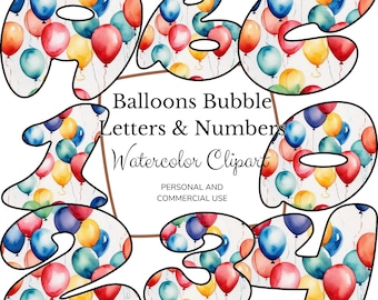 May include: Watercolor clipart of the numbers 1, 2, 3, and 4, each shaped like a balloon and filled with a pattern of colorful balloons. The text "Balloons Bubble Letters & Numbers Watercolor Clipart" is below the numbers. The text "Personal and Commercial Use" is below the title.