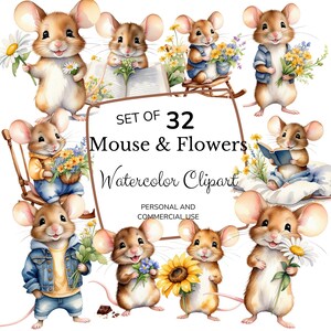 Maus mit Blumen Clip Art | Digitaler Download | Mischtechnik | Kinderzimmer Kunst | Clipart-Pack | Cottagecore | Aquarell | Digitale Kunst