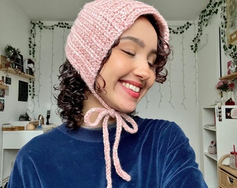 Crochet bonnet, woolhat with earflap, adult bonnet