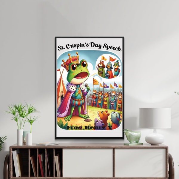 Shakespeare Frog, St. Crispin's Day Speech Frog Art, Whimsical Theater Wall Decor, Shakespeare lovers gift, Frog King Poster