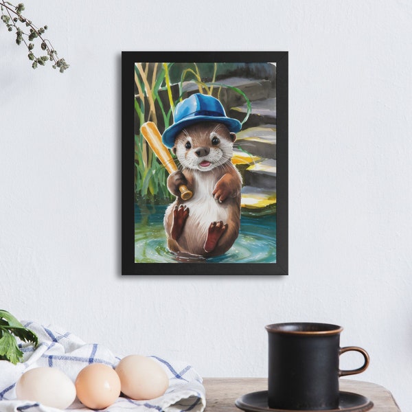 Cute Baseball Otter Digital Print, Cartoon Animal Wall Art, Playful Otter with Hat, Colorful Nursery Decor, Printable Artwork