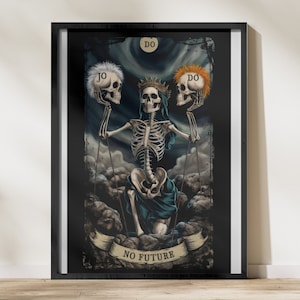 Arte digital de tarot "Justicia para Jo y Do", esqueleto, impresión de la carta del tarot "Sin futuro", arte mural de fantasía oscura, impresión de calaveras, 300 DPI, JPEG