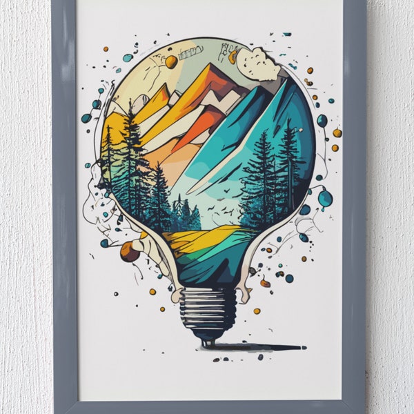 My Light Bulb, Mountain in Bulb Poster,Watercolor Painting, INSTANT DOWNLOAD, Nature Wall Art Print