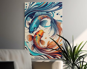 Yin and Yang 2 Fishes Japanese Drawing Wall Art, Instant Download, 2 Fishes Japanese Drawing Poster, Statement Gallery Set