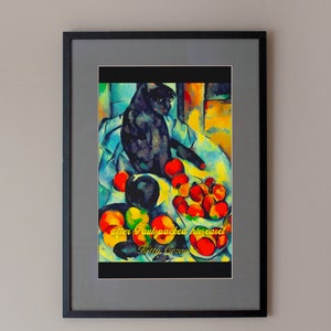May include: A framed print of a painting depicting a black cat sitting on a table with a bowl of fruit. The fruit is red, yellow, and green. The painting is titled "after Paul packed his easel" by "Kitty Cezan".