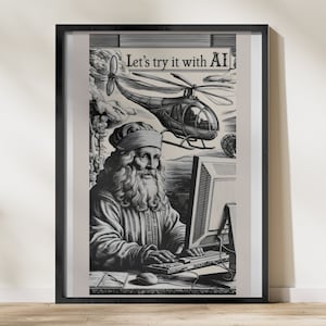 May include: A black and white illustration of a man with a long beard sitting at a computer. The man is wearing a turban and a long robe. The computer has a monitor, a keyboard, and a mouse. The text "Let's try it with AI" is written above the man's head.