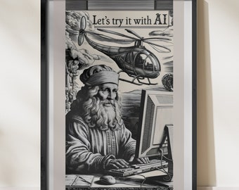 Vintage Leonardo Da Vinci met AI, Renaissance kunst geïnspireerde digitale poster, helikopter bureauscène, 300 DPI JPEG downloaden, digitale muurkunst,