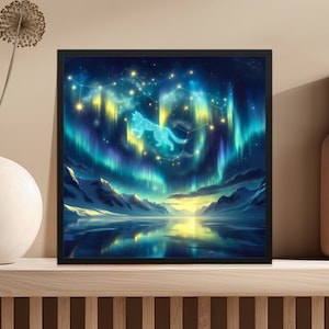 Arte digital de la aurora boreal, impresión de la pared de la constelación del zodíaco, cartel del cielo nocturno estrellado, arte descargable del paisaje de la montaña celestial
