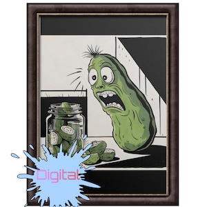 Pickle Nightmare Digital Wall Art JPEG, Pickle Cartoon Illustration, Quirky Pickle Jar Art, Funny Kitchen Print, Comic Style Green Pickle