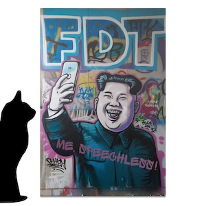 Pode incluir: Um mural de grafite de um homem com bigode e uma jaqueta preta tirando uma selfie com um smartphone. O mural está em uma parede com outros grafites, incluindo a palavra "FDT" em letras brancas grandes.