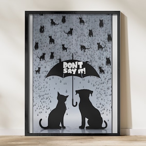 Cat and Dog Silhouette Wall Art, Whimsical Pet Design, Rainy Day Illustration, Cute Animal Print, Fun Digital Art, Quirky Home Decor image 1