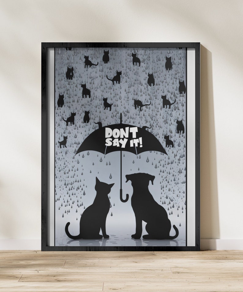 Cat and Dog Silhouette Wall Art, Whimsical Pet Design, Rainy Day Illustration, Cute Animal Print, Fun Digital Art, Quirky Home Decor image 1