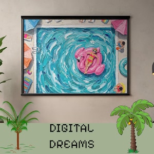 Könnte beinhalten: Gerahmtes Gemälde einer Person auf einem pinkfarbenen Flamingo-Schwimmer in einem türkisfarbenen Pool. Der Stil ist impressionistisch und strukturiert. Der Text "DIGITAL DREAMS" befindet sich unten im Bild.