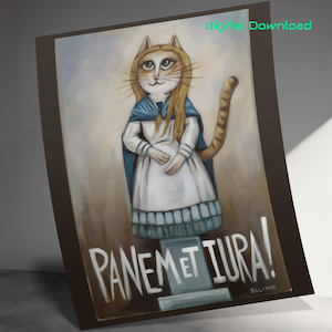 Könnte beinhalten: Ein Gemälde einer Katze, die ein weißes Kleid und einen blauen Umhang trägt und auf einem Sockel steht, auf dem die Worte "Panem et Iura!" stehen. Die Katze hat eine lange, fließende blonde Mähne und einen langen, gestreiften Schwanz.