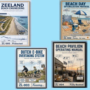 Könnte beinhalten: Vier gerahmte Poster mit technischen Diagrammen und humorvollen Titeln: Zeeland Beach Engineering, Beach Day Optimization Protocol, Dutch E-Bike Overtaking System und Beach Pavilion Operating Manual, jeweils mit detaillierten Beschriftungen.